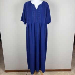 Ulla Popken Midi Dress Womens 16/18 Blue Gauze 100% Cotton Crochet Lace A-Line